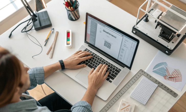 Designer working on a laptop with a blurred QR generator on screen.