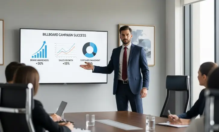 Marketer reviewing branded billboard concepts with QR code designs.