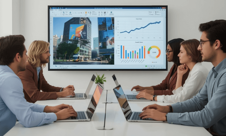 Marketers reviewing QR code billboard campaign performance data.