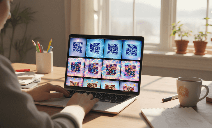 Person creating a custom QR code on a laptop using QRCodeKIT.