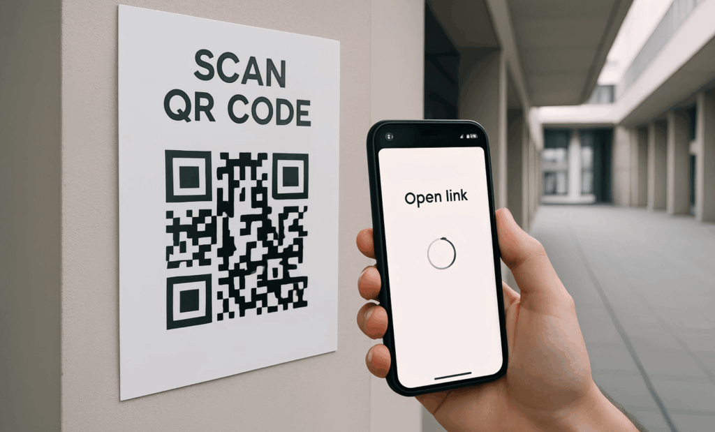 Person scanning a QR code on a poster using smartphone camera