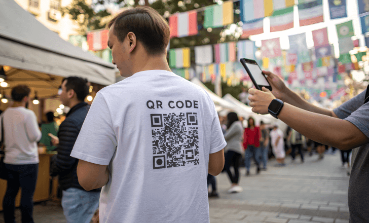 Person scanning a QR code on another person’s t shirt at an event.
