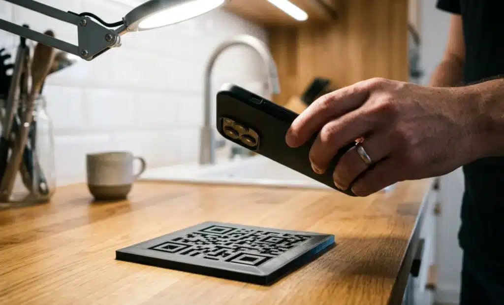 3D printable QR code: How to design, export, and print a scannable 3D tag 2 Person testing a 3D printed QR code scan with a phone under a lamp