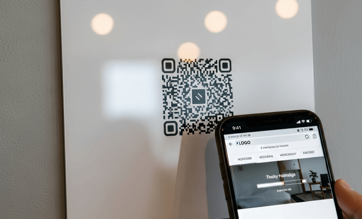 Smartphone scanning a QR code that opens a company website.
