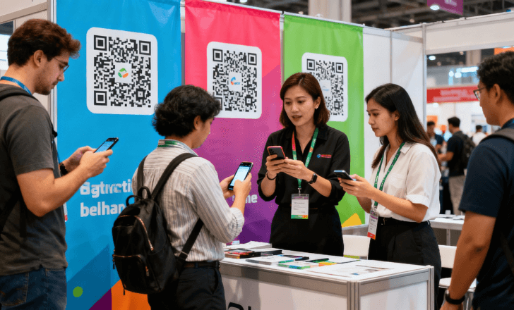 Visitors scanning QR codes at a trade show booth.