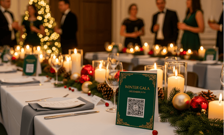 Christmas event table with a printed card showing a QR code for attendees.
