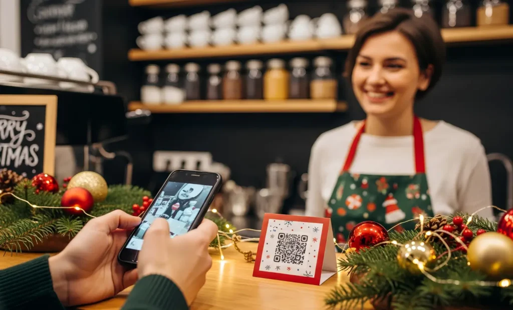 How restaurants and cafés can use QR codes for Christmas menus and holiday specials 2 Customer scanning QR code for restaurant loyalty rewards