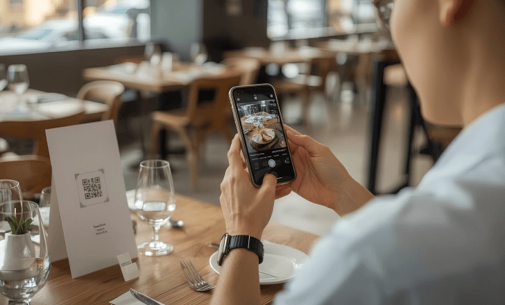 Customer scanning a QR code table tent to open a digital menu.