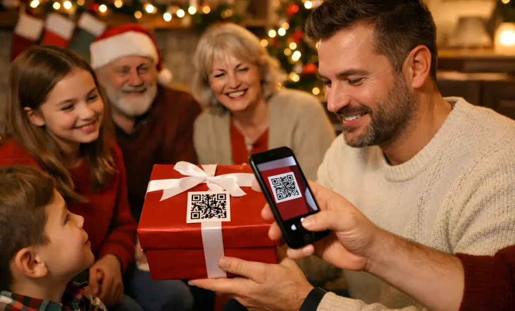 How to add QR codes to Christmas packaging to engage customers beyond the box 2 Family engaging with a QR code on Christmas gift packaging