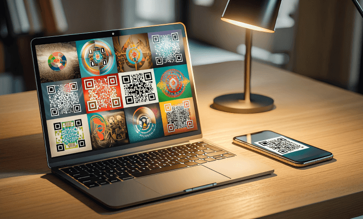 Laptop and phone showing different types of QR codes.