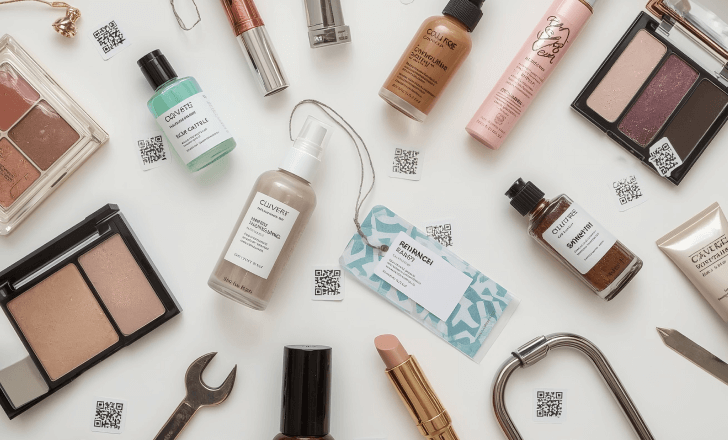 Products from multiple industries featuring small QR codes.