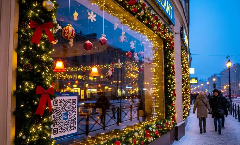 How restaurants and cafés can use QR codes for Christmas menus and holiday specials 1 Restaurant Christmas promotion with QR code in the window