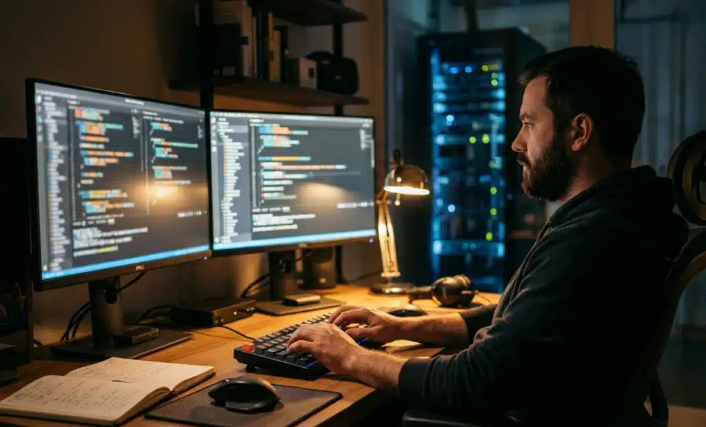How to automate bulk QR code creation 1 A developer working at a dual-monitor setup with code on screen and servers behind.