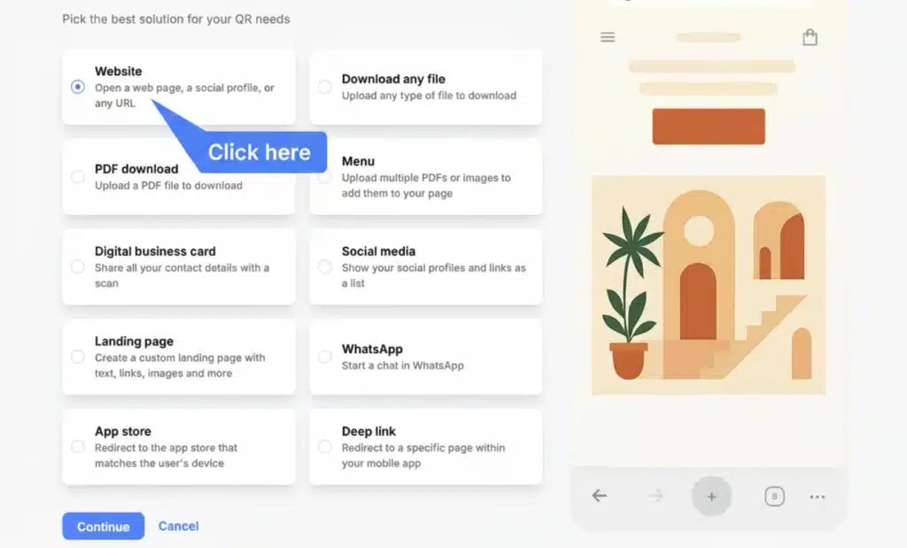 How website QR codes work in QRCodeKIT 2 Choose “Website” as the QR code type