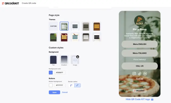 How menu QR codes work in QRCodeKIT 4 Choose the page style