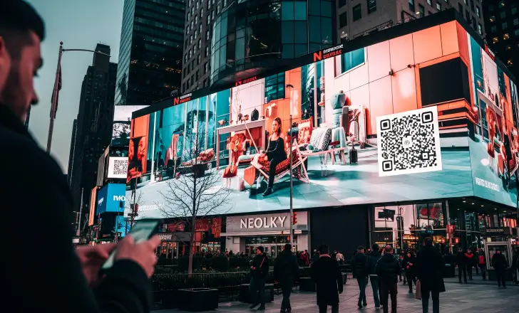 How QR codes work for agencies with QRCodeKIT for multi-client management 2 QR code integrated into a large urban digital display as part of a seamless marketing experience