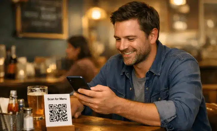 How QR codes work for restaurants with QRCodeKIT, from menu QR to digital experiences 3 Returning customer comfortably using QR code