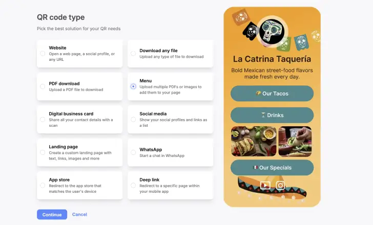 How menu QR codes work in QRCodeKIT 2 Select the menu QR code type