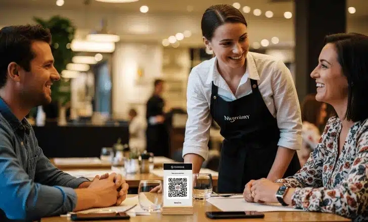 How QR codes work for restaurants with QRCodeKIT, from menu QR to digital experiences 2 Server interacting with guests using QR menus