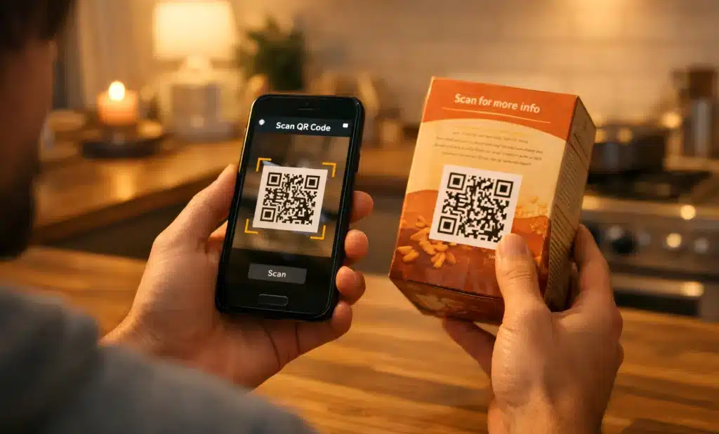 How to run QR code campaigns with QRCodeKIT 2 Customer engaging with product packaging QR code at home