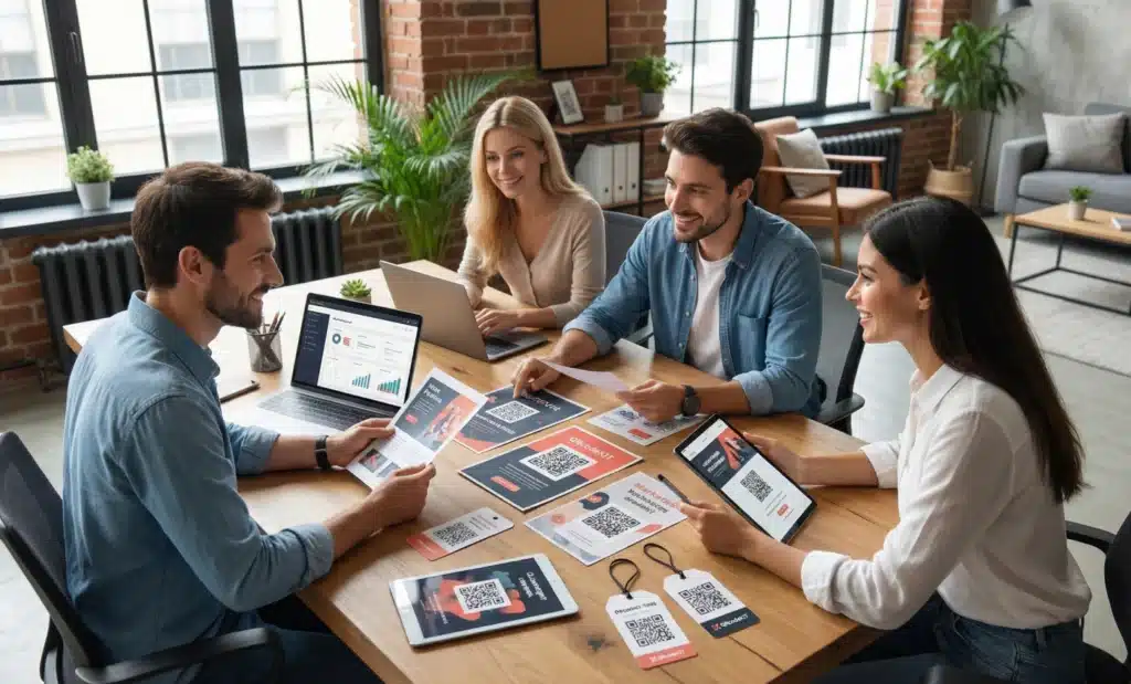 What type of QR code converts best? 2 Marketing team collaborating on QR code campaign strategy