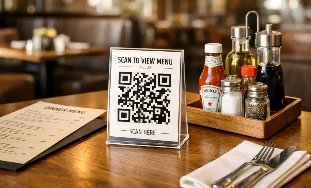 How QRCodeKIT helps you manage multiple QR codes 2 Single QR code displayed on a restaurant table as a simplified solution.