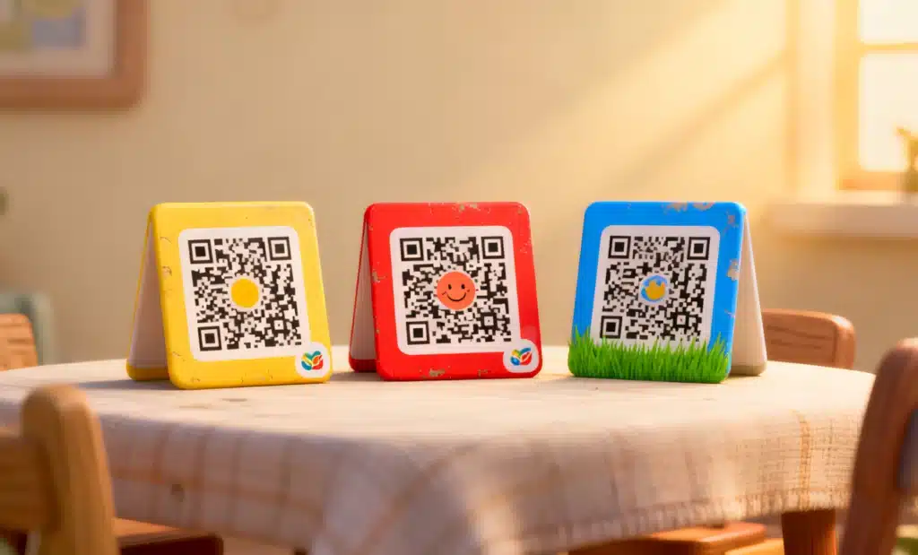 How QRCodeKIT helps you manage multiple QR codes 1 Three visually distinct branded QR codes printed with different colors and logos.