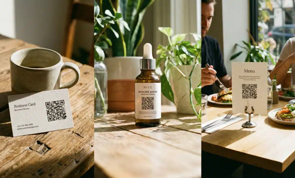 How to choose the right QR code for your use case 1 Various QR code placements on business card, product packaging, and restaurant menu.