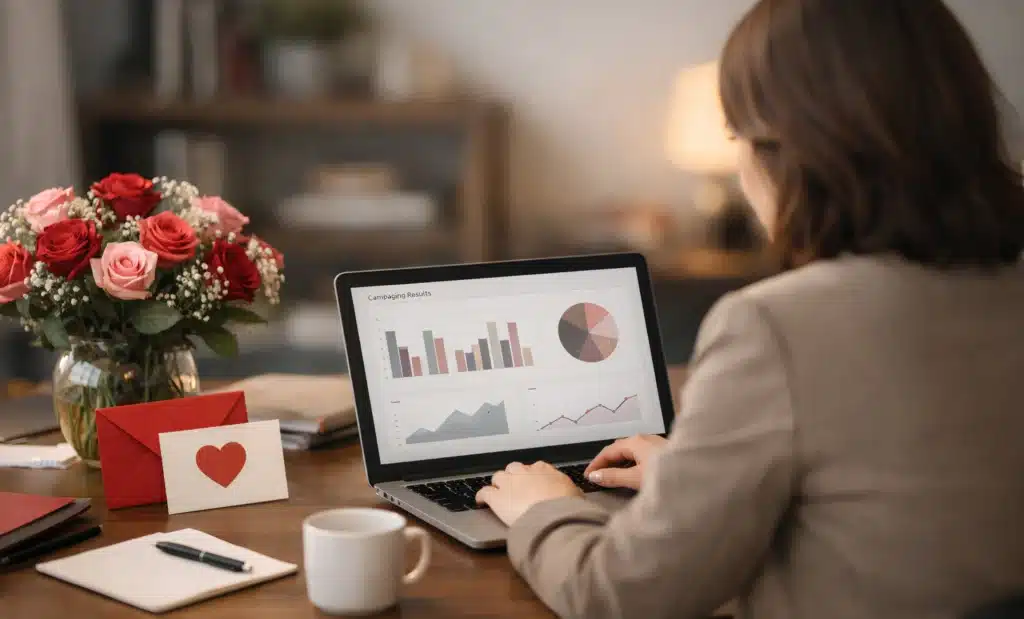 Website vs landing page QR codes for Valentine’s Day campaigns 2 Marketer reviewing Valentine’s Day campaign performance after QR scans