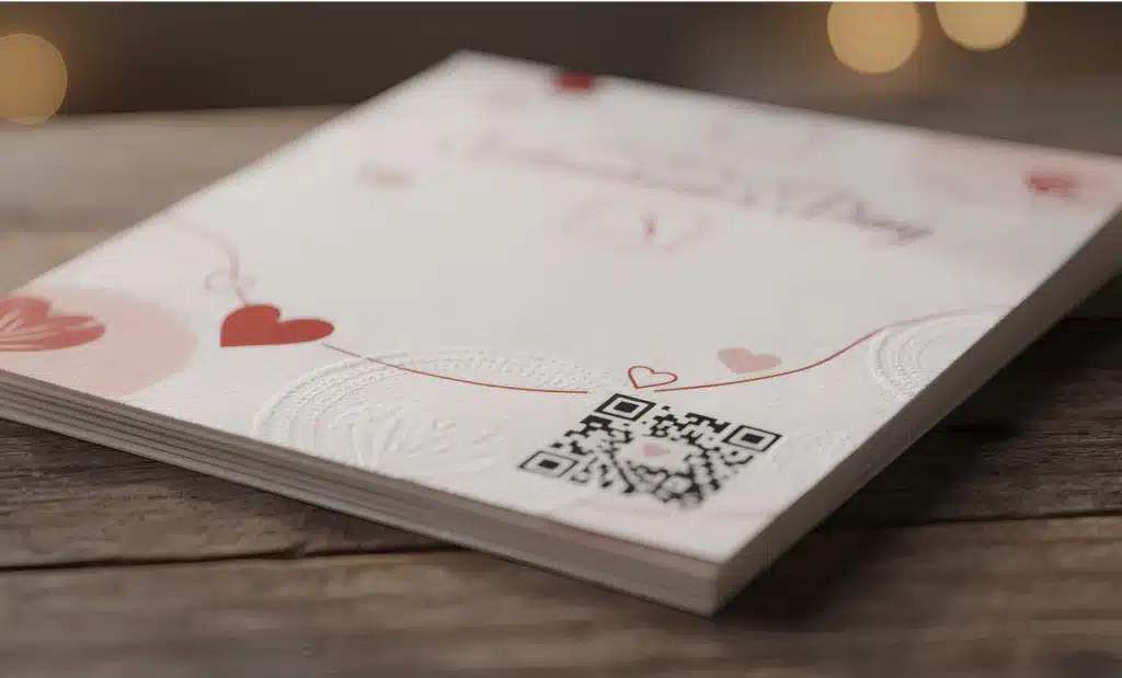 How to use landing page QR codes for Valentine’s Day promotions 1 QR code printed on a Valentine’s Day card