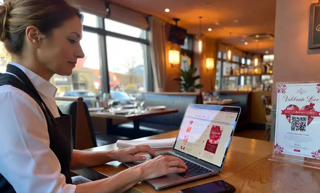 How restaurants use QR codes for Valentine’s Day campaigns 2 Restaurant staff updating Valentine’s promotion digitally