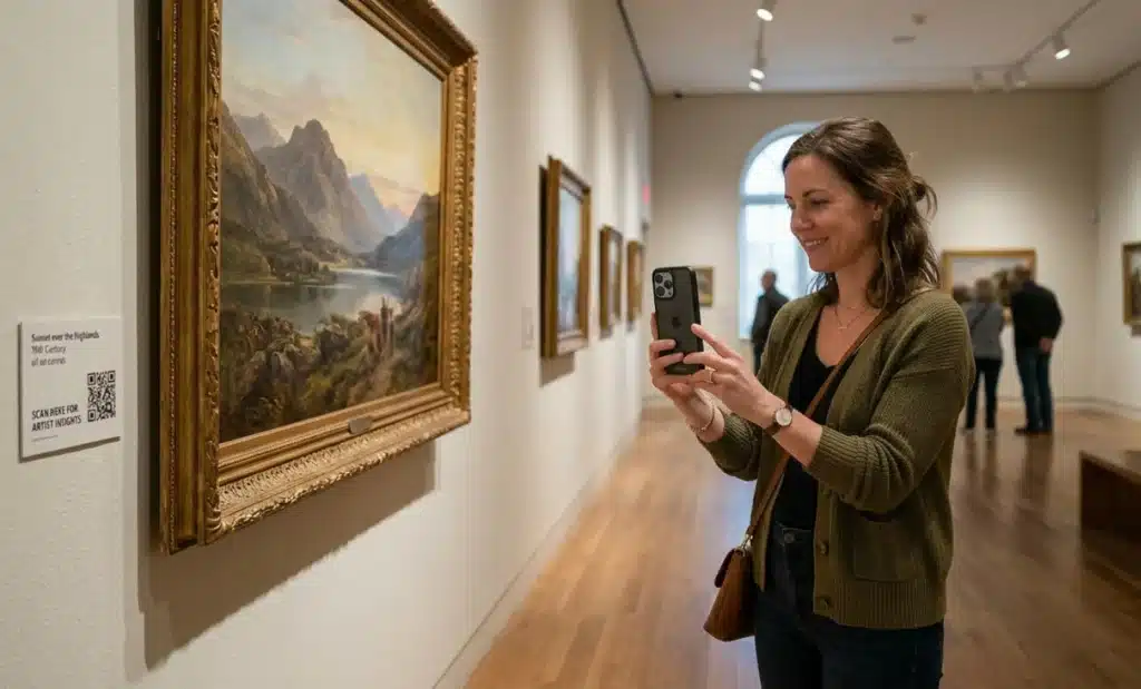 From dynamic QR codes to AI conversations: What the next generation of QR looks like 2 A museum visitor scanning a QR code next to an artwork, looking at their phone with curiosity