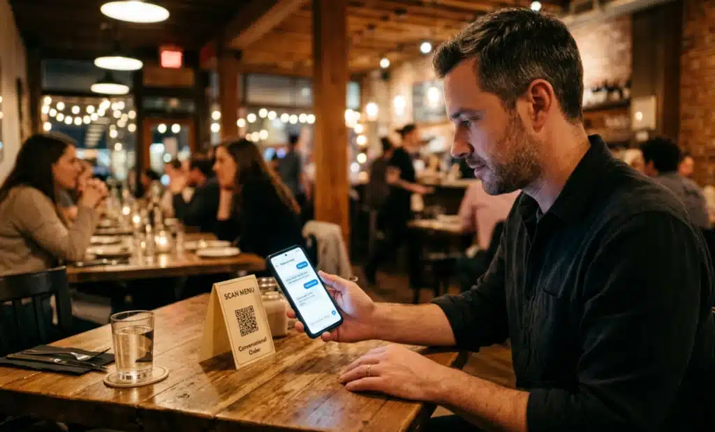 From dynamic QR codes to AI conversations: What the next generation of QR looks like 1 A restaurant diner scanning a QR code on a table card, with a chat interface visible on their phone screen
