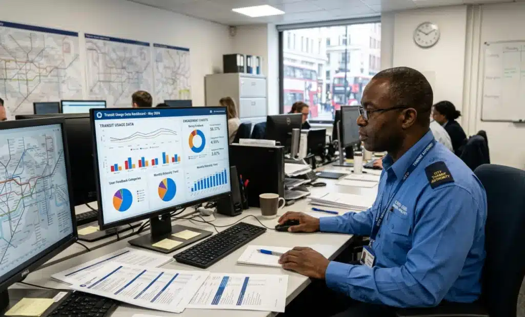 AI QR codes for public transport: Making every stop an info point 2 A transit authority employee reviewing engagement charts and usage data on a desktop monitor in an office