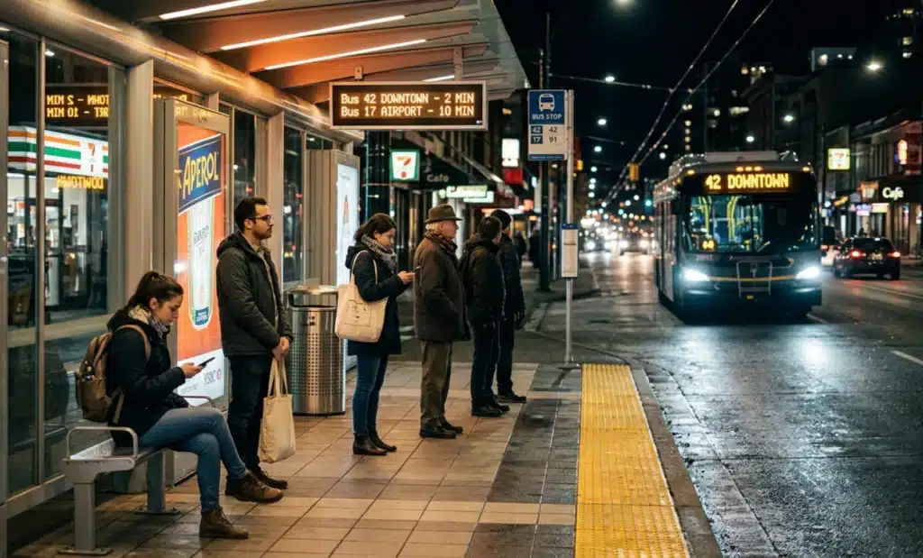 AI QR codes for public transport: Making every stop an info point 1 Bus stop at dusk with commuters waiting