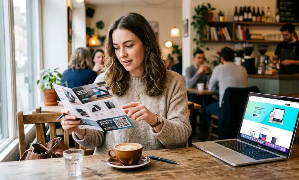 QR codes for offline marketing attribution: How agencies prove campaign ROI 1 Customer engaging with digital content after scanning a QR code