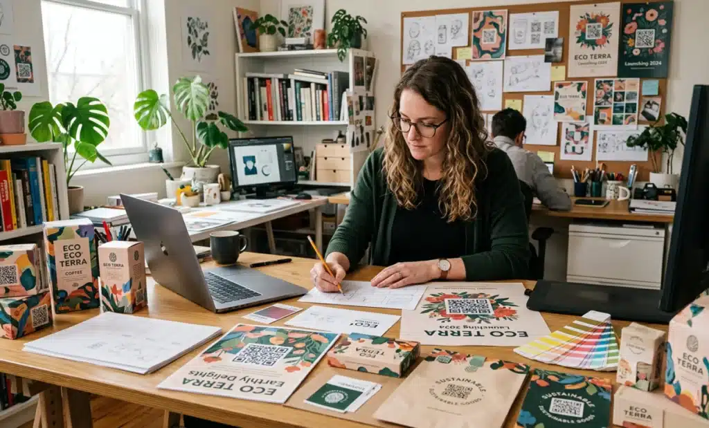 QR codes for offline marketing attribution: How agencies prove campaign ROI 2 Designer creating branded marketing materials with QR codes