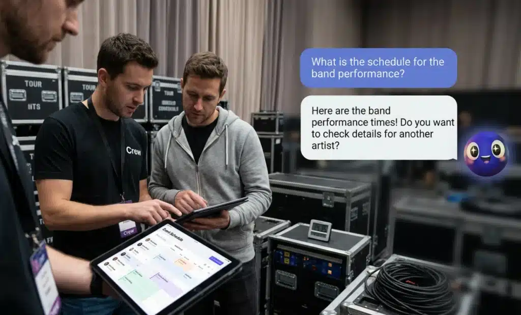 AI QR code for events: How organizers could capture leads and answer attendee questions 2 Event crew members reviewing a band performance schedule on a tablet backstage, with an AI assistant conversation visible on screen
