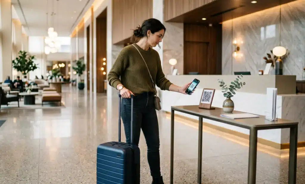AI QR codes for hotels: Turning every room into a concierge 1 Hotel guest scanning a QR code at the entrance of a modern hotel lobby