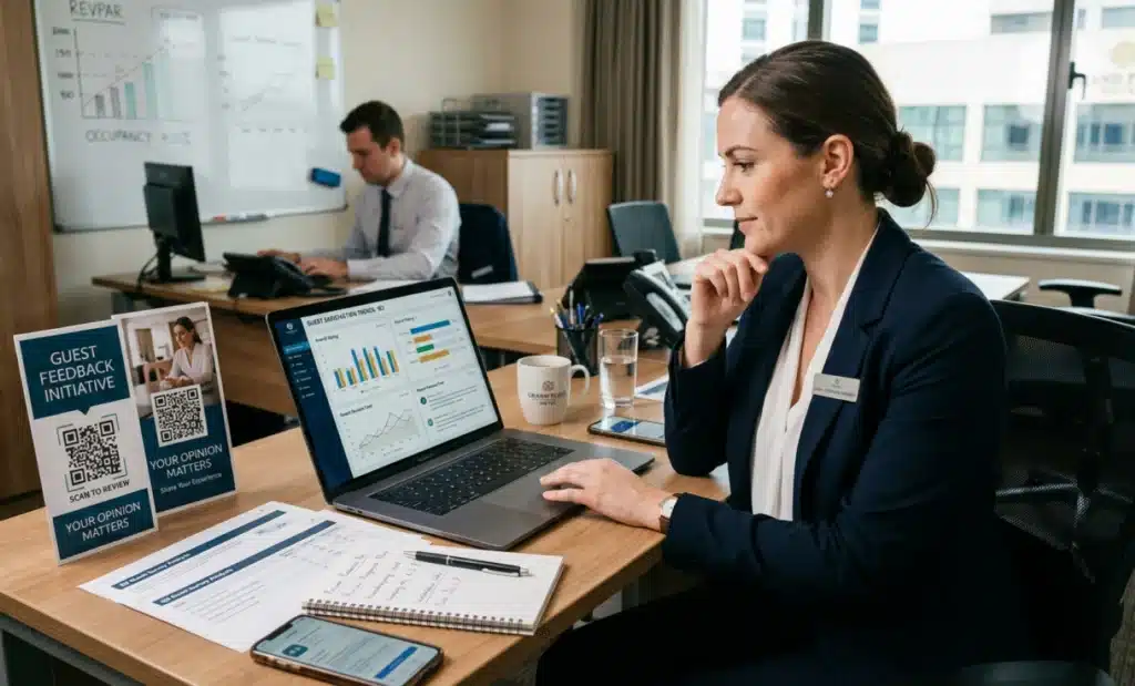 QR codes for hotel guest feedback that increase positive reviews 2 Hotel manager reviewing analytics from QR code feedback scans