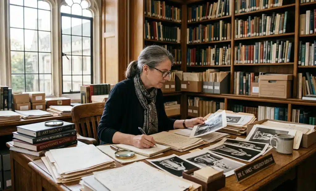 AI QR code museum guide: How Cleo could transform the visitor experience 2 Museum curator reviewing archival documents and research about a collection piece