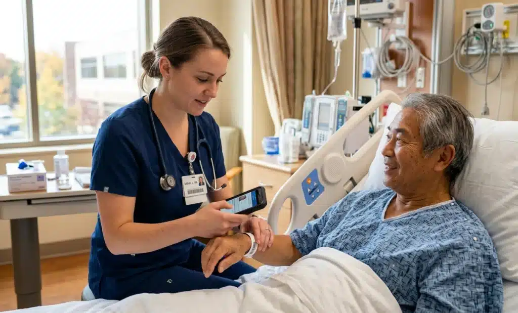 AI QR codes for healthcare: Reducing front-desk load without reducing care 1 Nurse scanning patient wristband with smartphone at hospital bedside