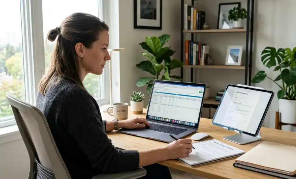 AI QR codes for tourism: Turning any city into a guided experience 1 Person at a desk reviewing content documents on a laptop and tablet