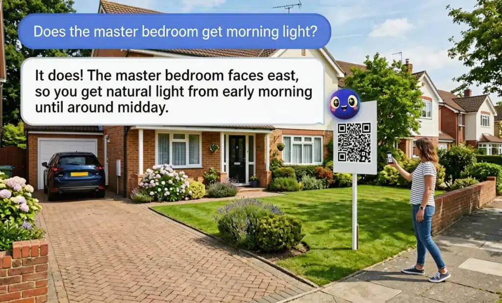 AI QR codes for real estate: From listings to conversations 1 Person scanning a QR code on a residential for-sale board
