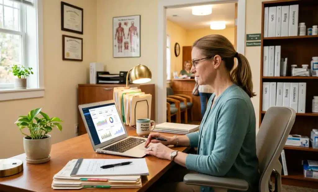 AI QR codes for healthcare: Reducing front-desk load without reducing care 2 Practice manager reviewing patient engagement analytics on laptop in medical office