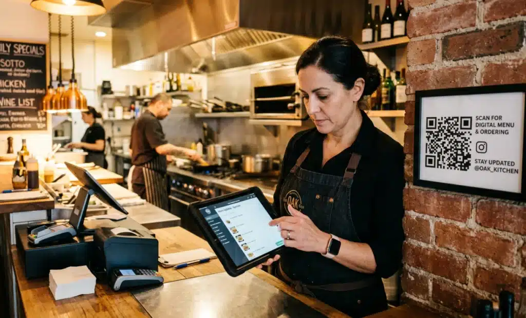 How conversational QR codes reduce customer support load 1 Restaurant manager updating digital content on a tablet while a QR code remains unchanged on the wall.