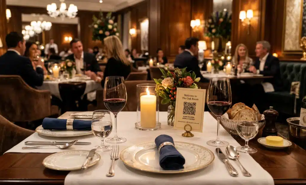 QR codes for hotel guest feedback that increase positive reviews 1 Restaurant table tent with QR code for hotel guest feedback