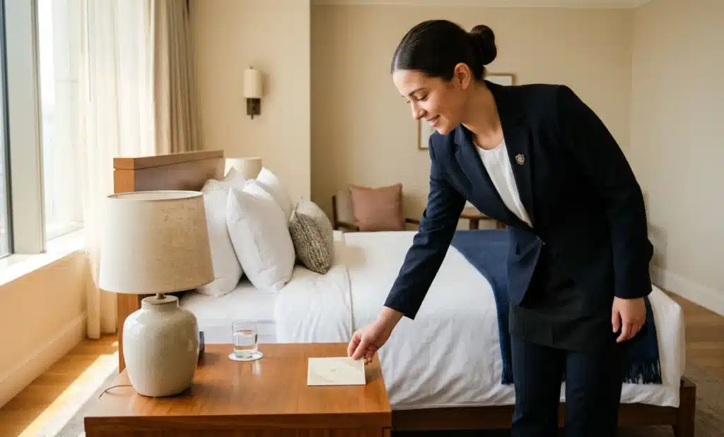 AI QR codes for hotels: Turning every room into a concierge 2 Small QR code card being placed on a hotel nightstand by a staff member