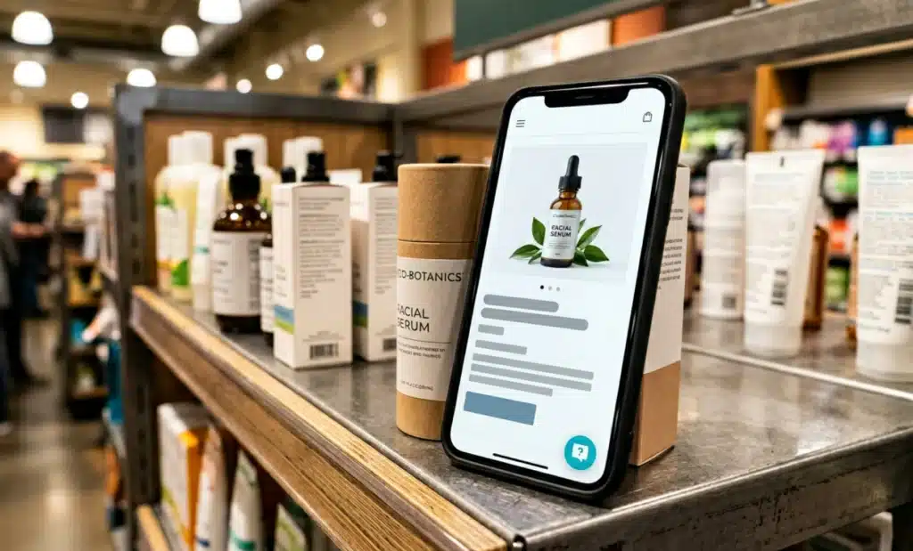 AI QR codes for retail: turning every shelf into a smart assistant 2 Smartphone displaying a conversational AI assistant chat bubble on a product landing page in a retail context