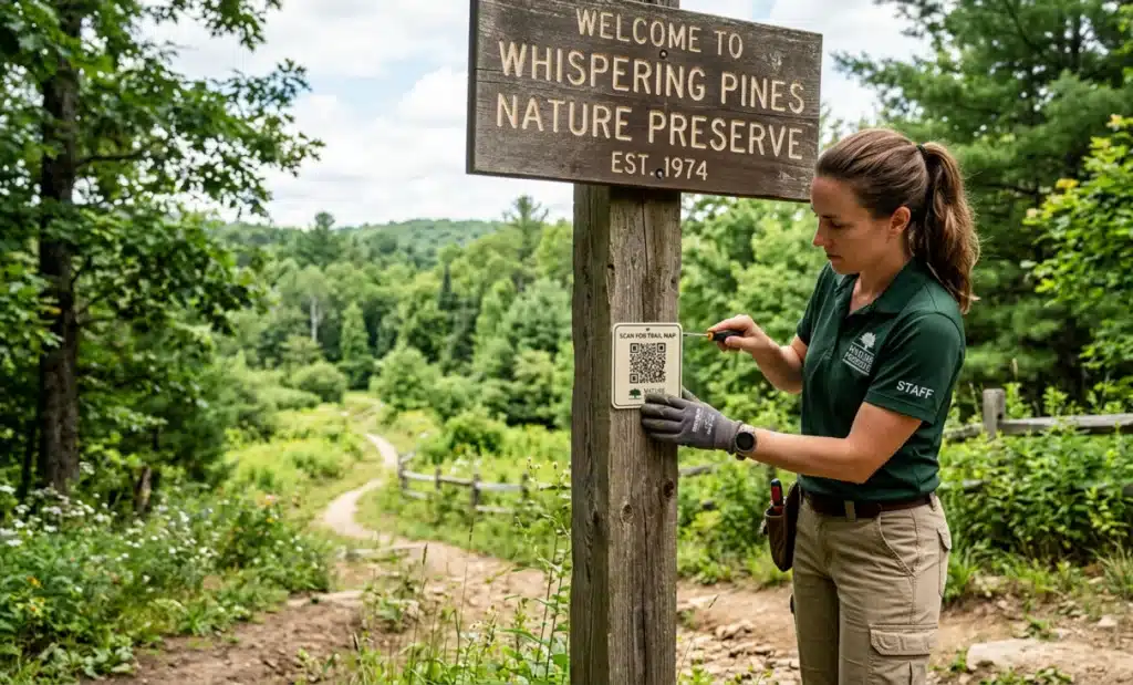AI QR codes for tourism: Turning any city into a guided experience 2 Tour operator placing a QR code sign at an outdoor tourist attraction entrance